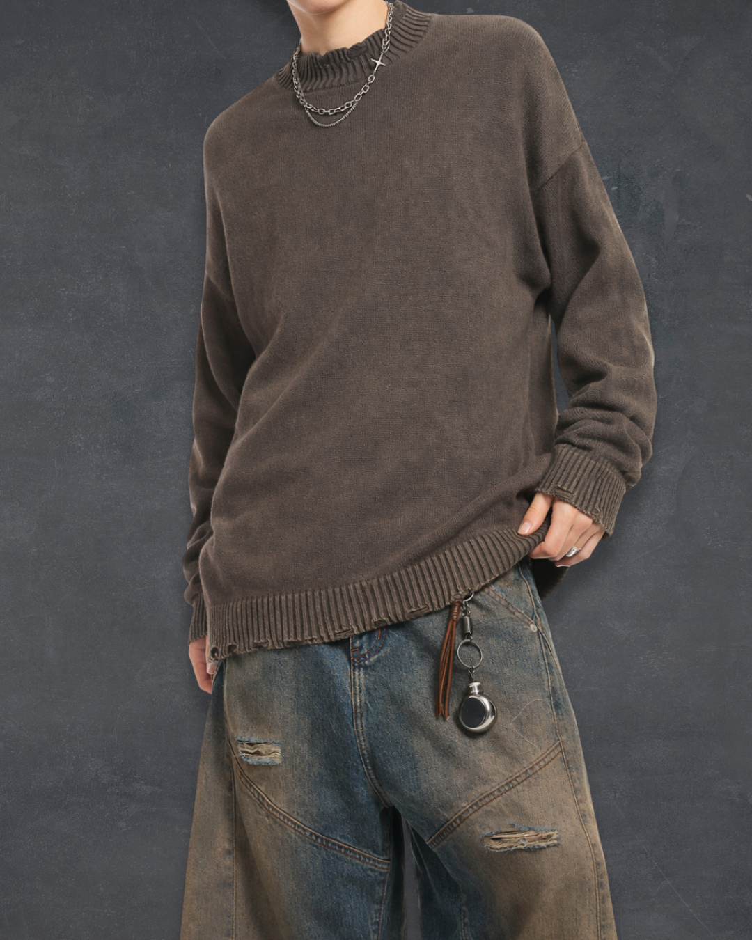 Frayed-Hem Sweater – Moss Dusk